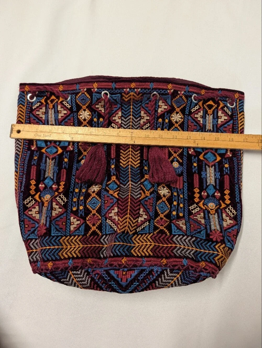 Johnny Was Burgundy Multi Boho Geometric Embroidered Drawstring Backpack Bag
